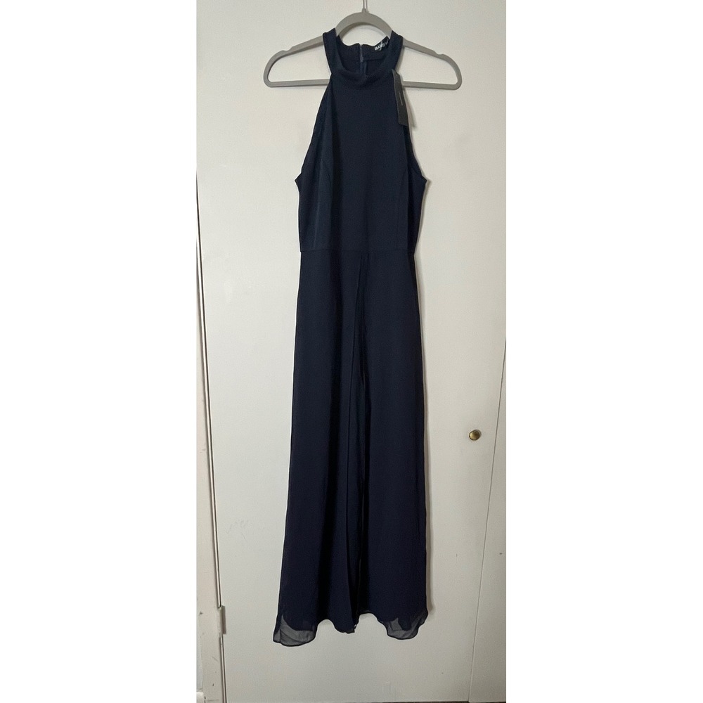 Allegra K M Navy Halter Neck Maxi Pant Dress Chiffon Slit‎ Evening Formal Party